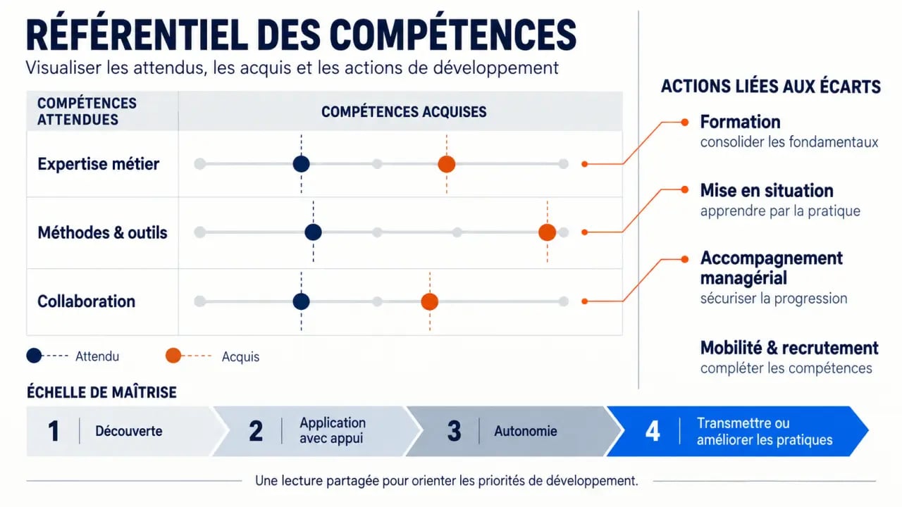 Infographie sur le référentiel des compétences, les niveaux de maîtrise et les actions liées aux écarts