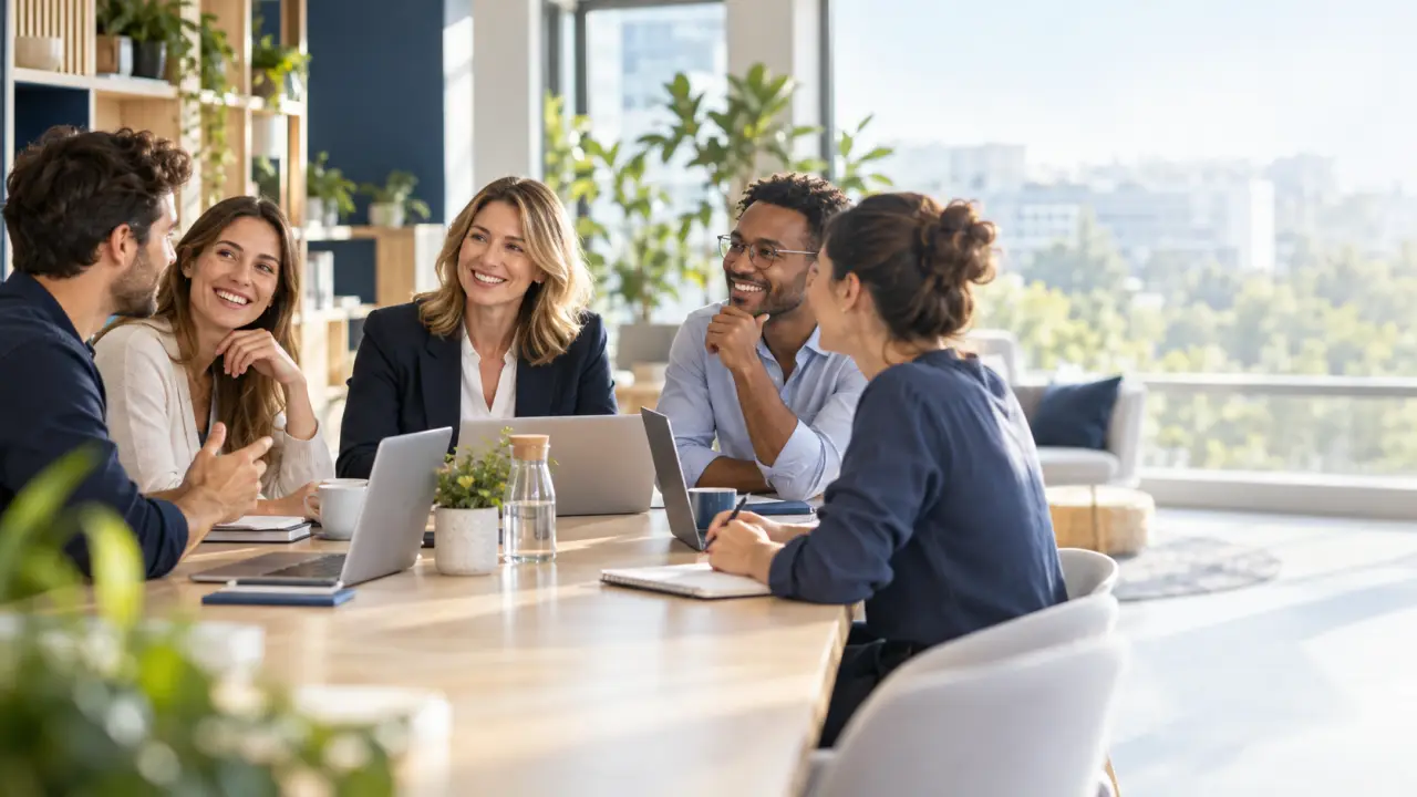 Équipe d'une PME réunie autour d'un projet dans un espace de travail lumineux