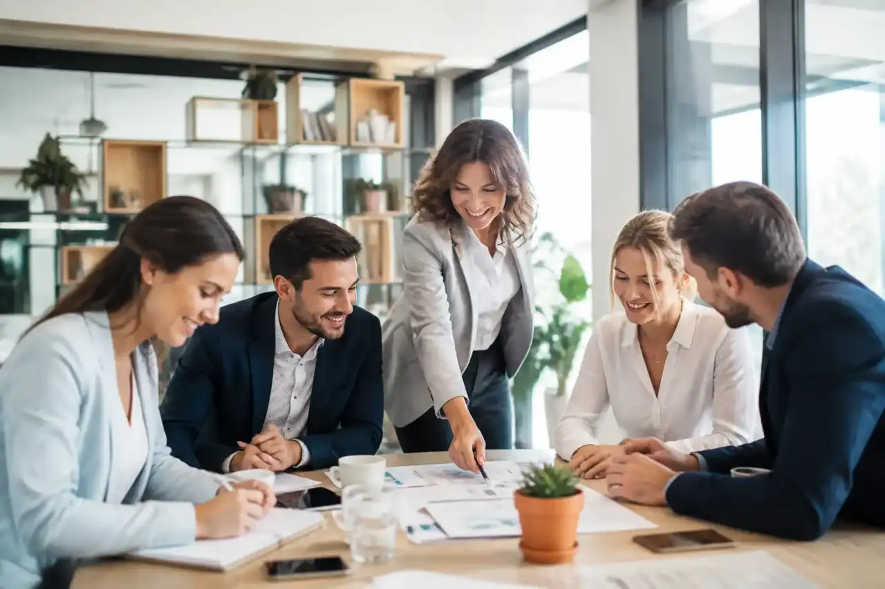 Équipe de direction créant un organigramme d'entreprise sur un tableau blanc