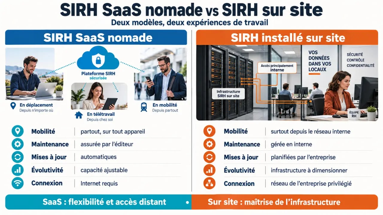 Infographie comparative d’un SIRH SaaS nomade et d’un SIRH installé sur site