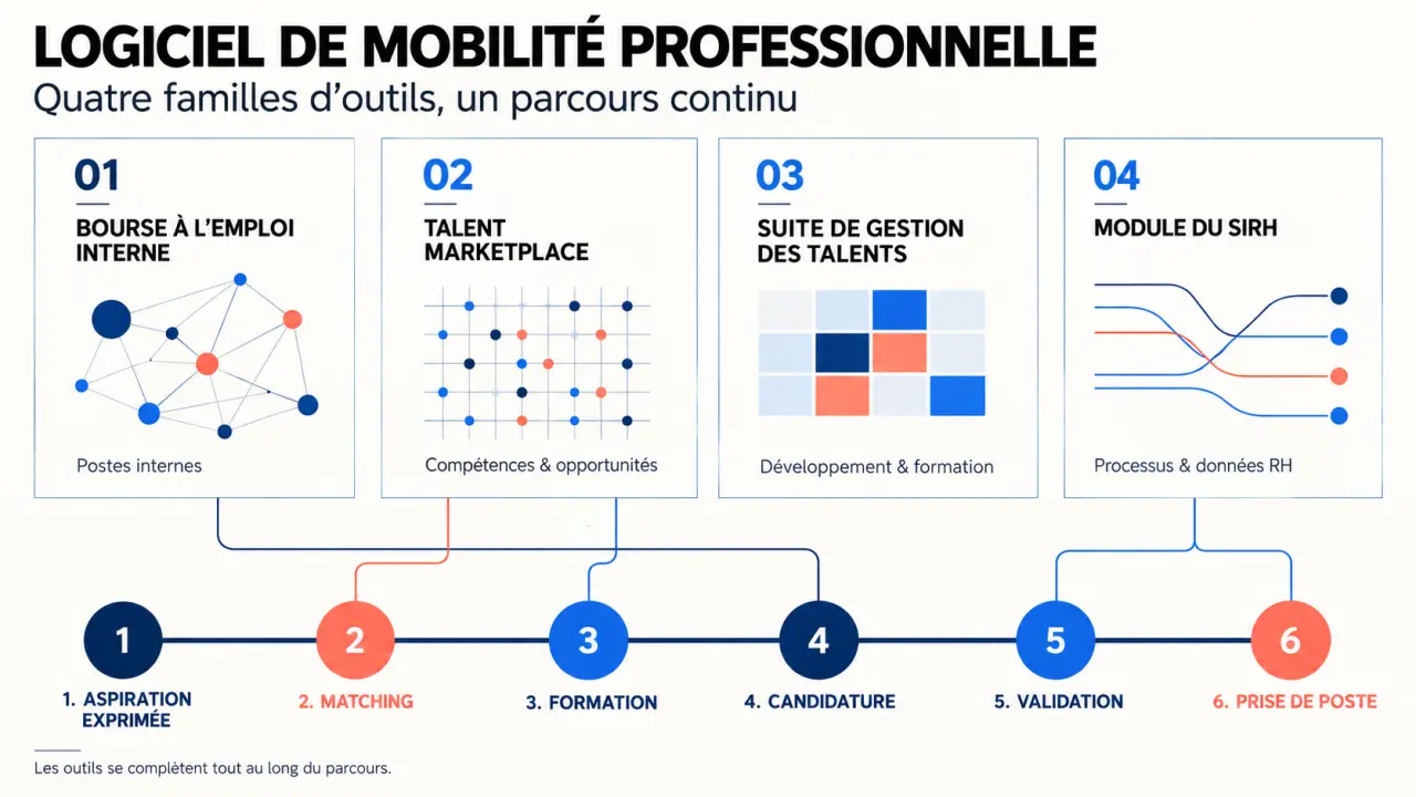 Infographie sur les familles d'outils d'un logiciel mobilité professionnelle et le parcours de mobilité interne