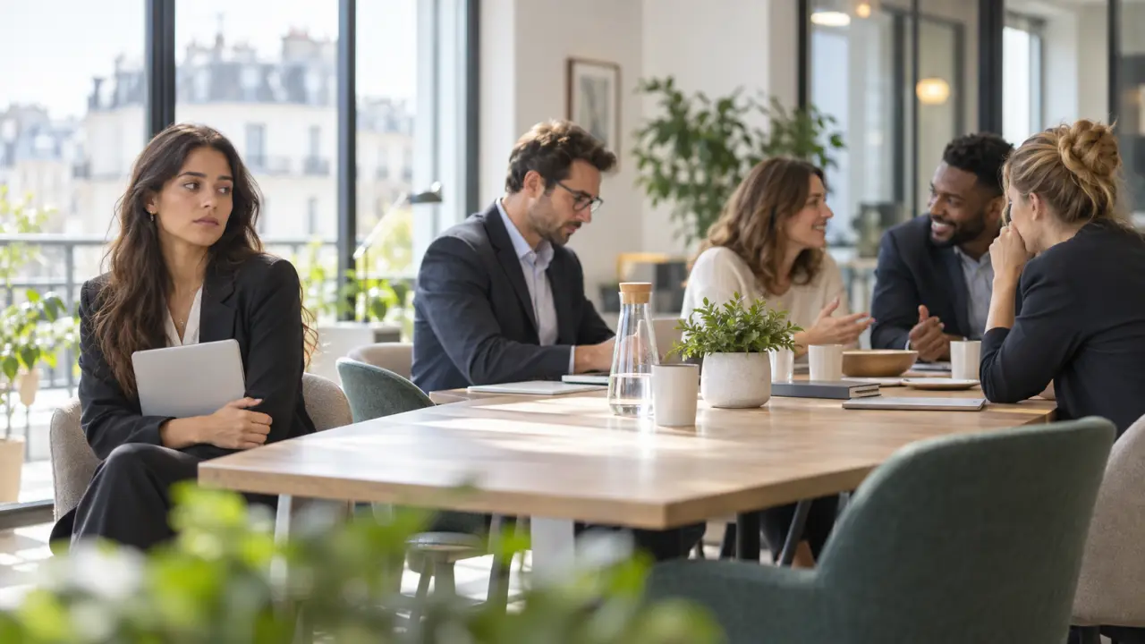 Équipe accueillant une nouvelle collaboratrice dans un espace de travail lumineux