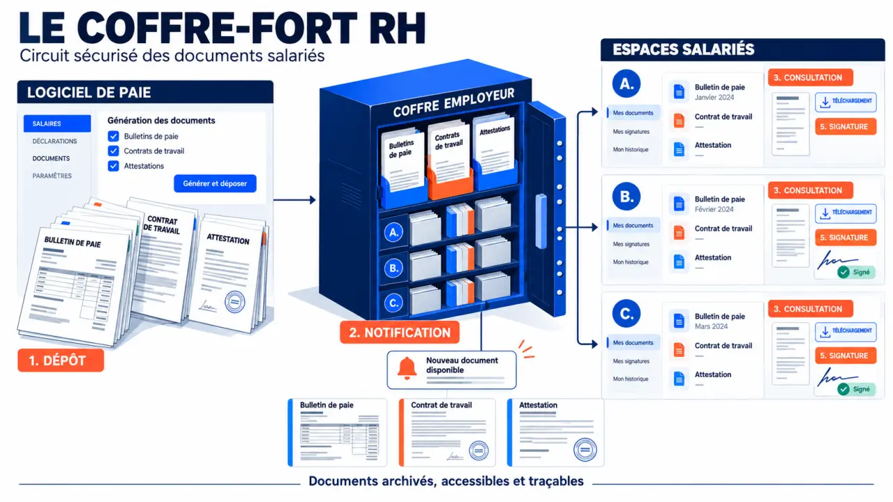 Schéma du fonctionnement d’un coffre fort RH entre logiciel de paie, employeur et salarié