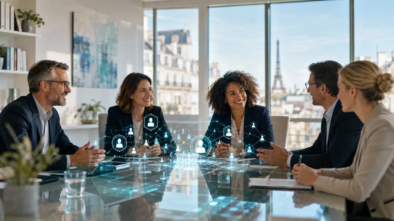 Équipe de professionnels en réunion stratégique dans un espace de travail moderne et lumineux