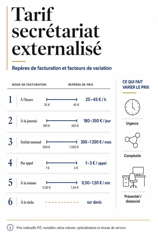 Tarif secrétariat externalisé : comparatif visuel des modes de facturation et des facteurs de prix