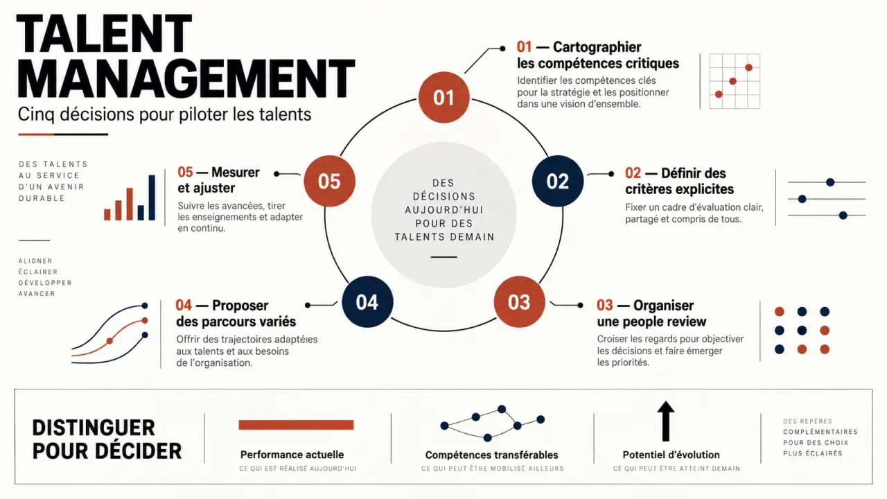 Infographie sur les cinq étapes du talent management et le développement des compétences