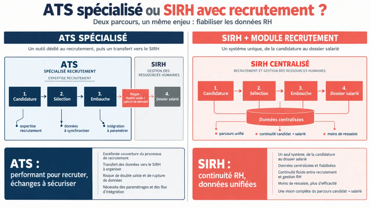 Infographie sur le choix d’un logiciel recrutement SIRH entre ATS spécialisé et module intégré