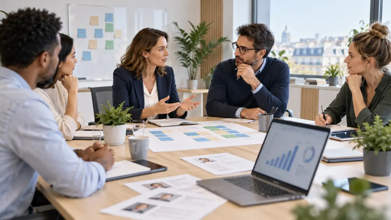 Équipe de direction échangeant sur une stratégie de recrutement et de croissance