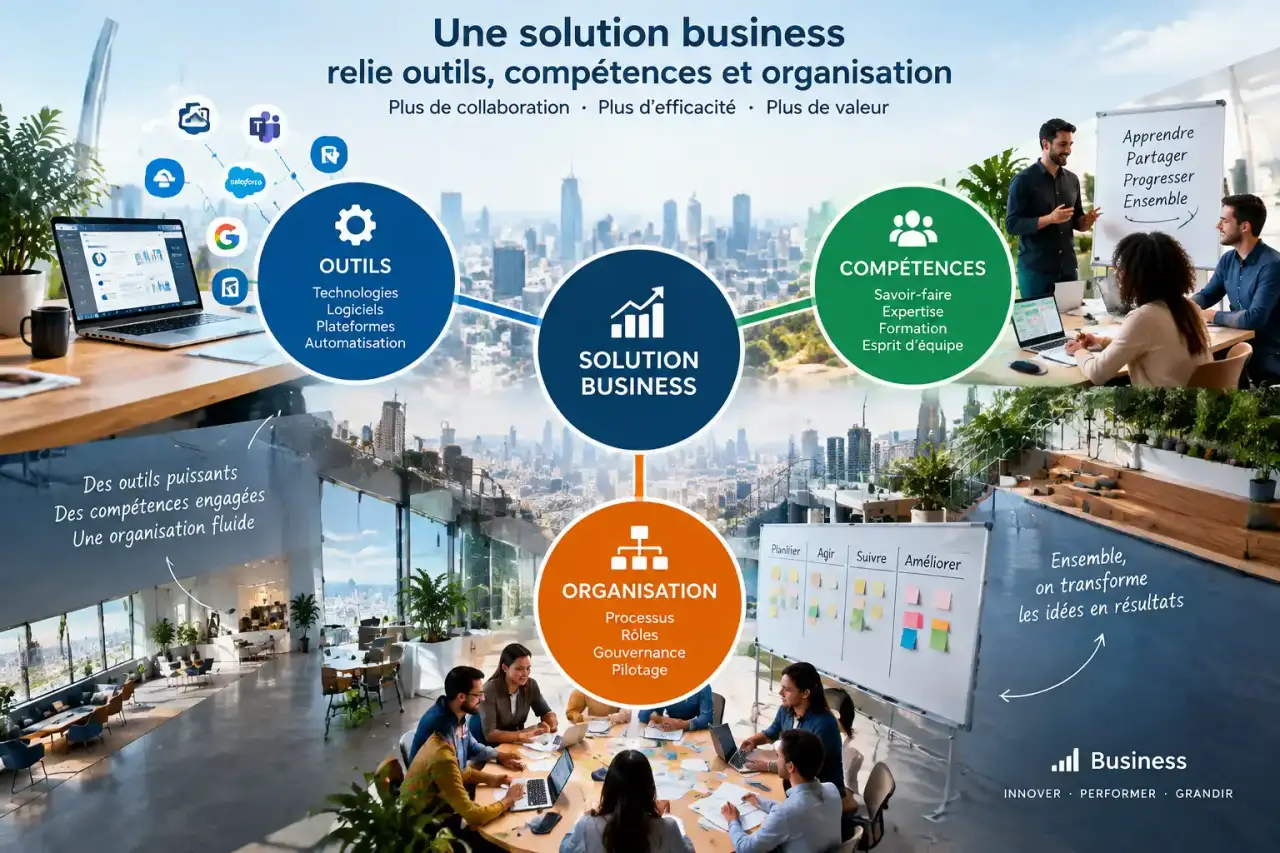 Une solution business relie outils, compétences et organisation